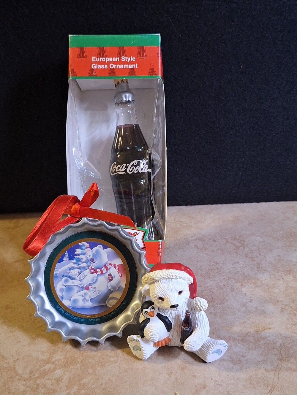 Coca-Cola Vintage Ornament Figurine Lot/3 Christmas Coke Bottle-Cap Polar Bear
